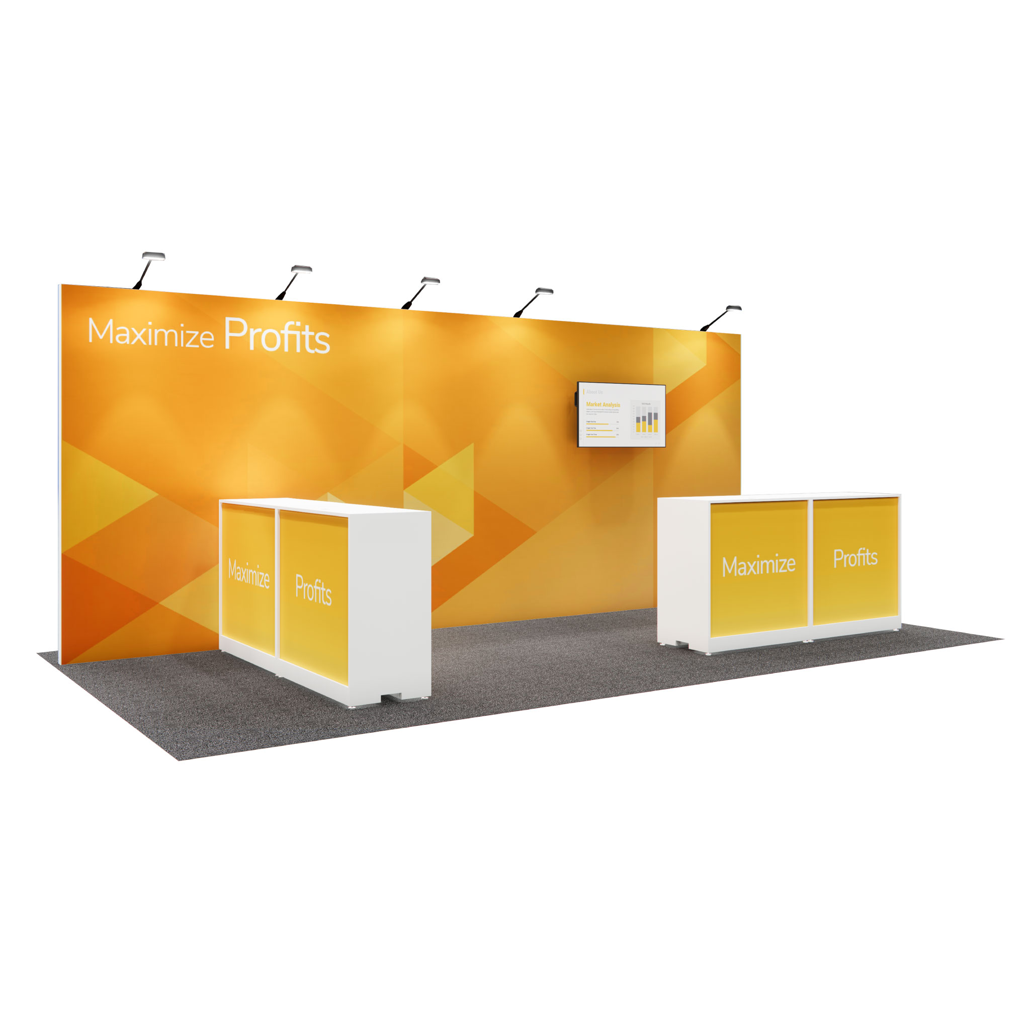 10X20 Express 5 brings your message to life with a digital display, bold graphics, and multiple counters—all in an efficient layout with built-in storage for a polished, professional presence.
