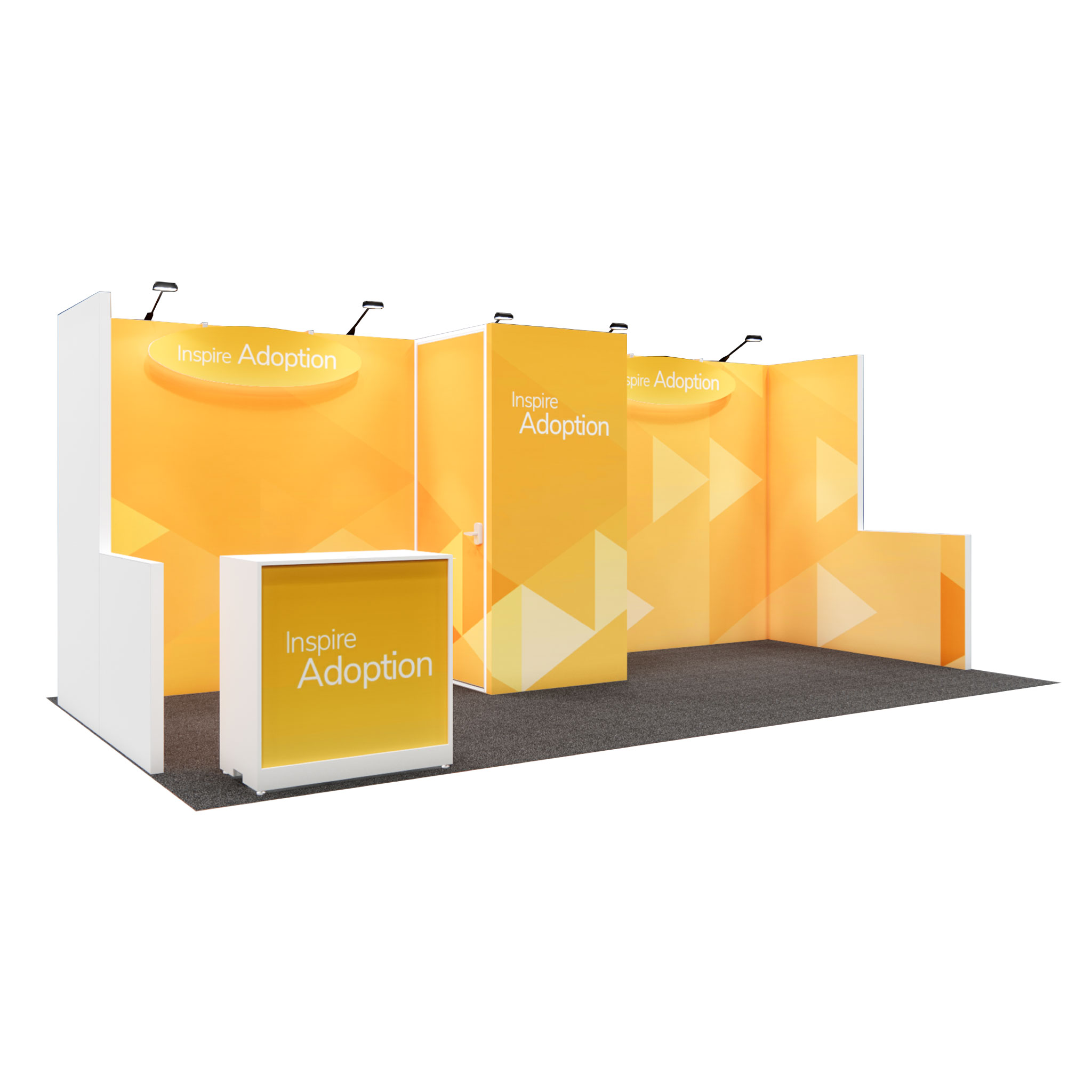 10X20 Express 4 showcases your brand with bold visuals and keep your space clutter-free with built-in storage—all in a clean, modern layout designed for connection.